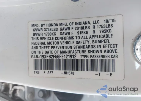 2015 Honda Civic Lx из США, поврежденный, VIN 19XFB2F56FE121912